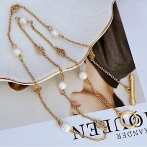 Tory Burch Gold Necklace with Tiny Pearl &TB Logo